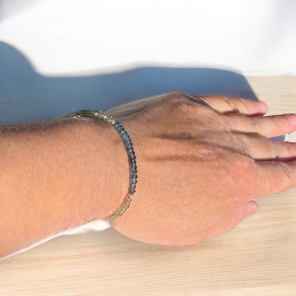 Natural London Blue Topaz, Ombre Green Sapphire Bracelet Handmade Solid 14k Gold - Picture 7 of 9
